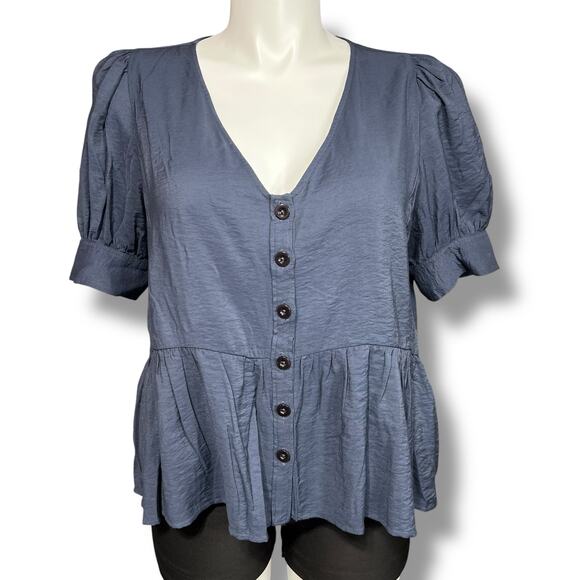 Madewell Womens Peplum Top V Neck Button Down Puffed Short Sleeves Navy Blue XXL - Picture 1 of 8